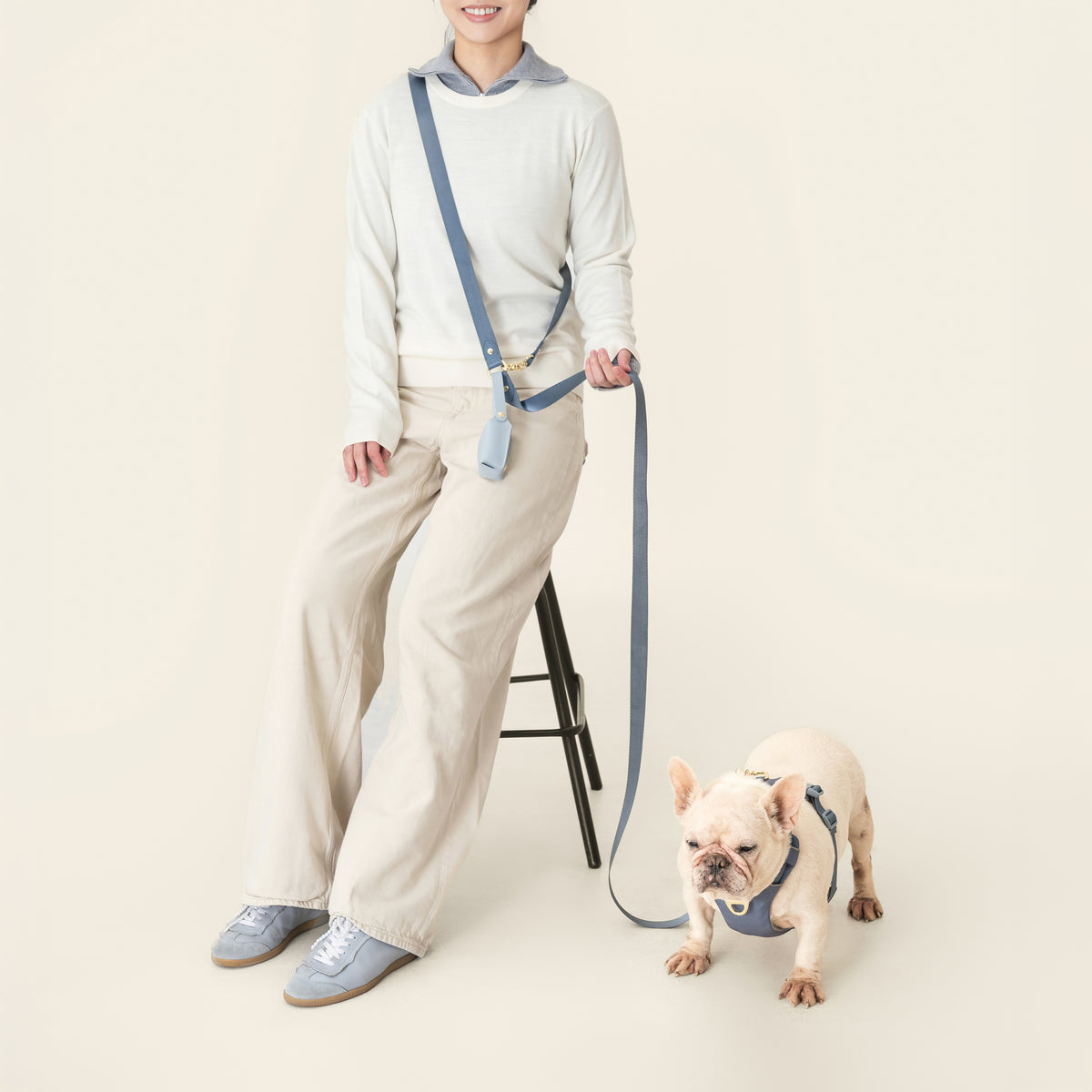 Dog wearing the Stone Blue harness with the matching crossbody leash