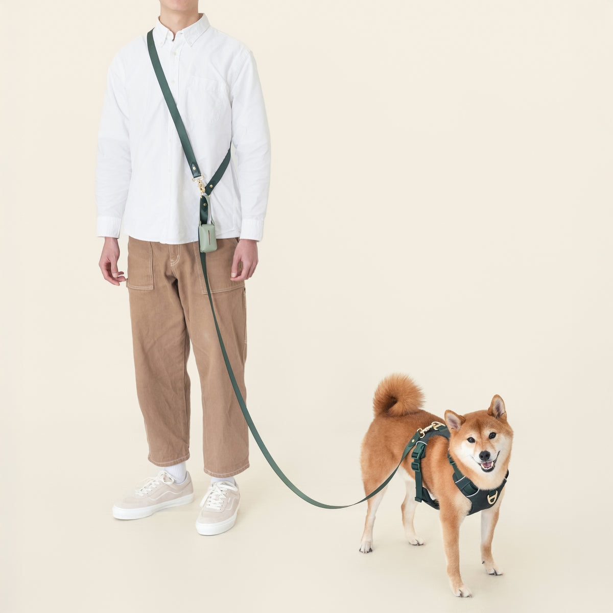 Forest Green dog harness, crossbody leash and poop bag holder set – BOBO & NANA