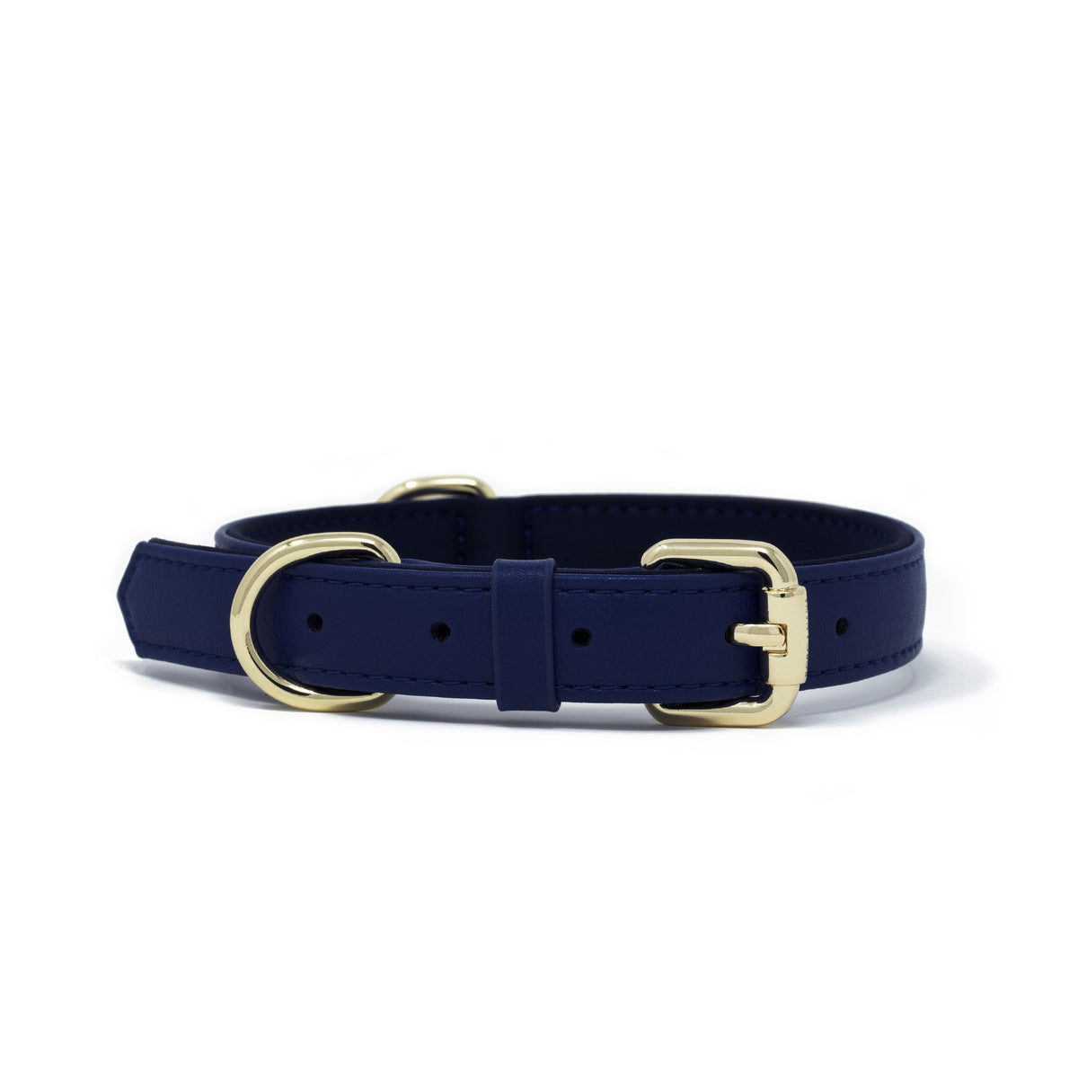 Midnight Blue vegan leather dog collar with gold buckle and D-ring