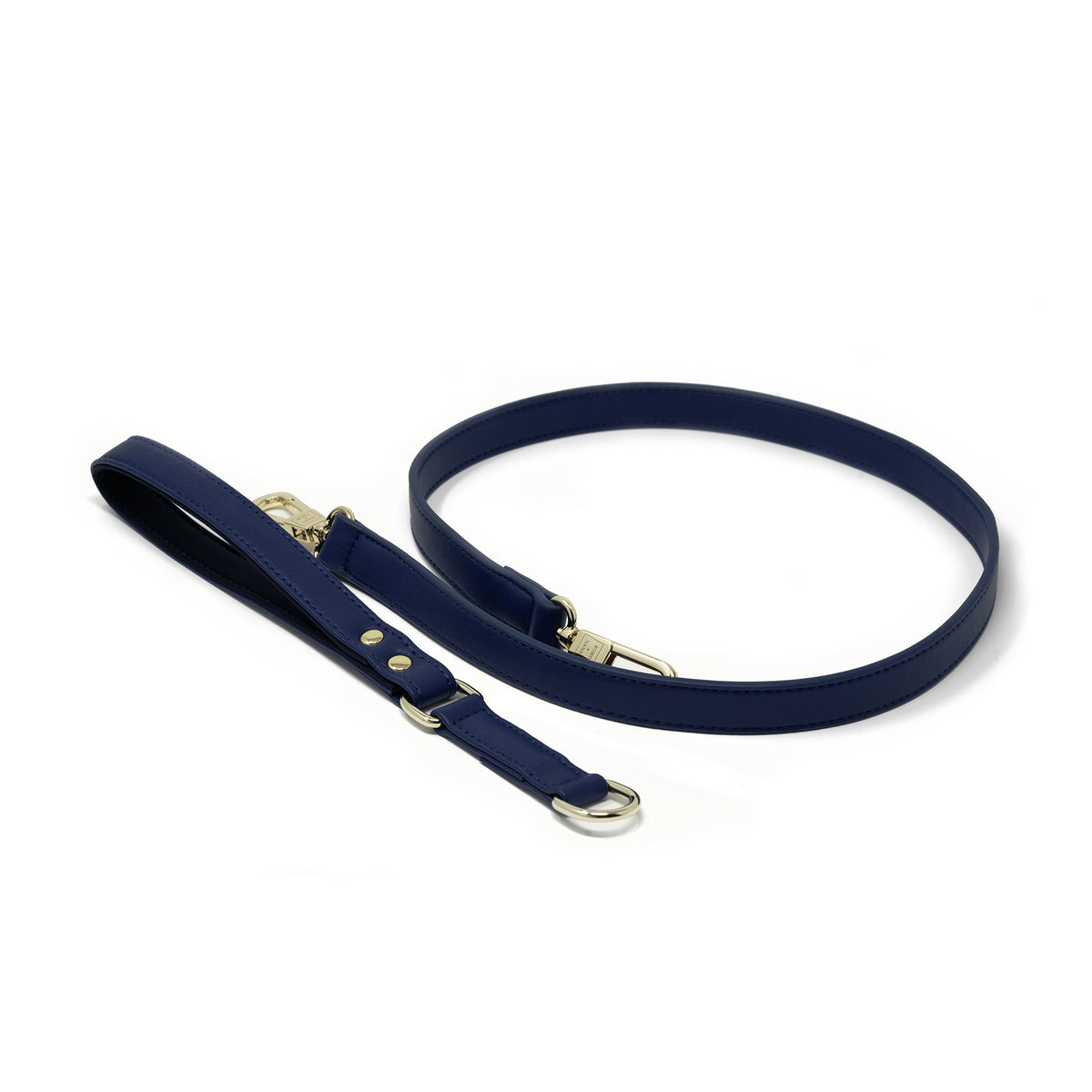 Midnight Blue vegan leather dog leash with detachable padded handle and gold clasp