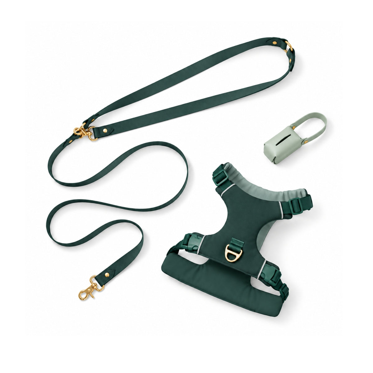 Forest Green dog harness and crossbody leash set by BOBO & NANA