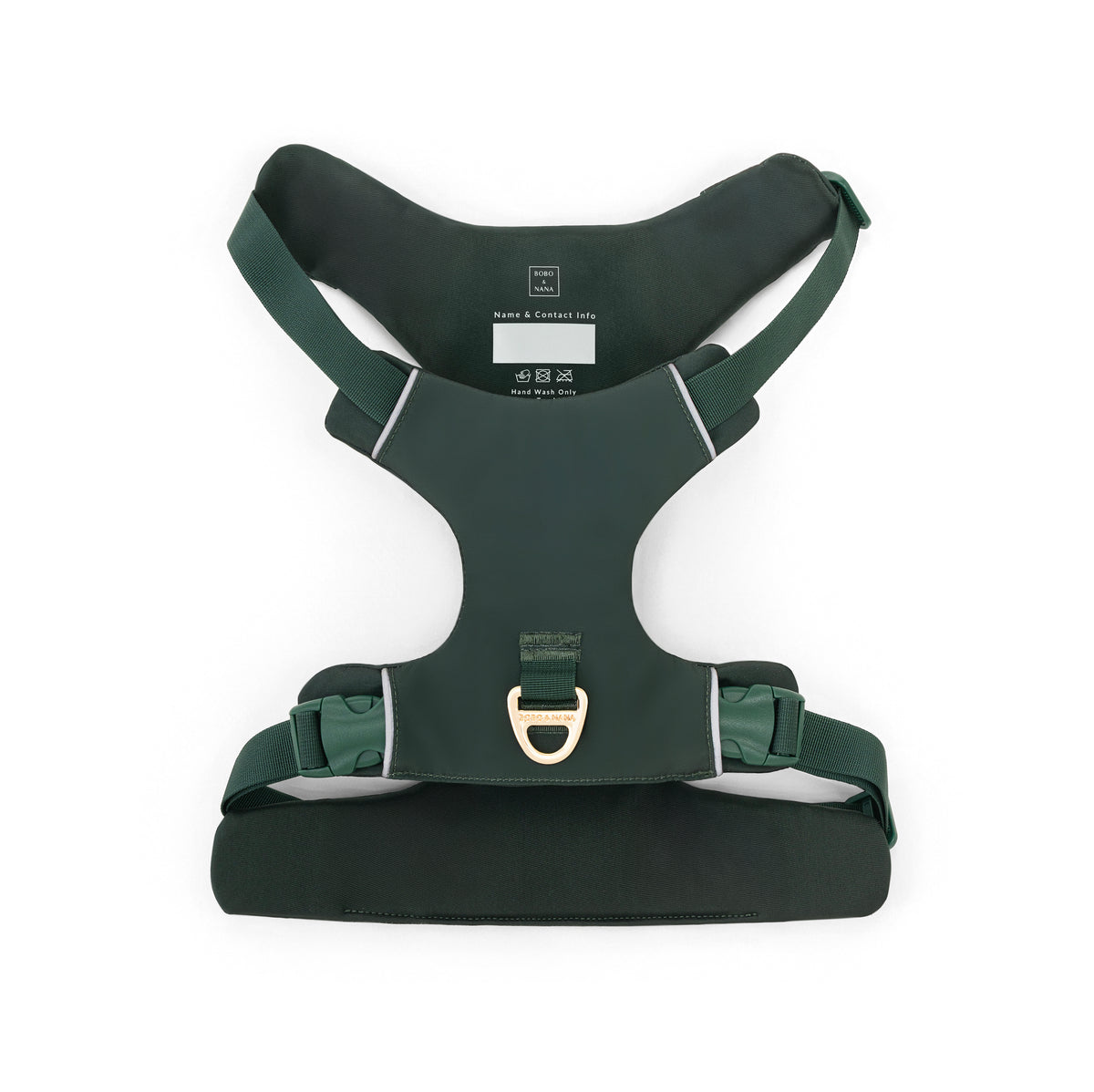 Forest Green padded dog harness with four adjustment points and reflective trim