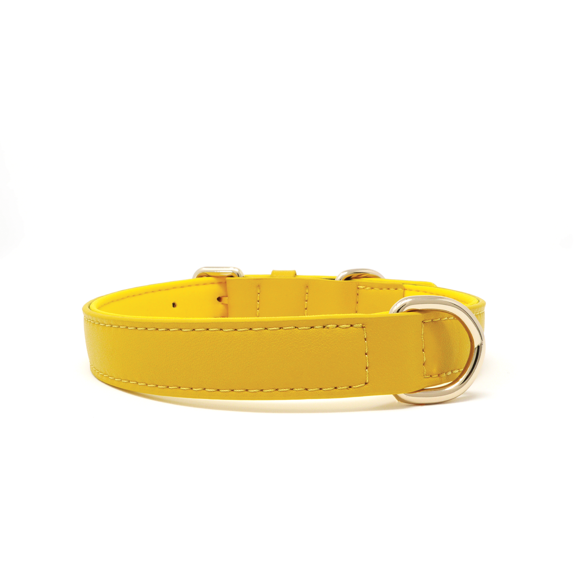 A Bumblebee Yellow vegan leather dog collar with silver-tone metal hardware, including a D-ring and buckle, shown against a plain white background.