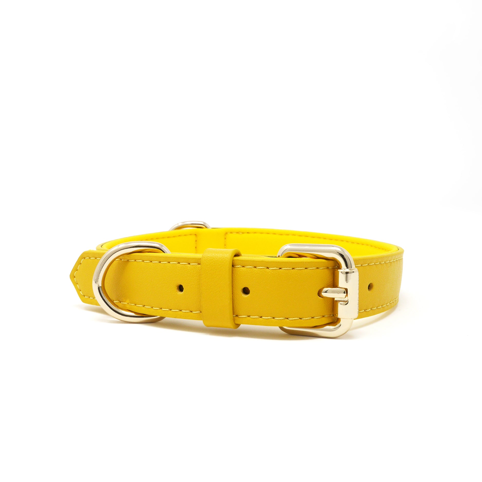 A Bumblebee Yellow vegan leather dog collar with silver-tone metal hardware, including a D-ring and buckle, shown against a plain white background.