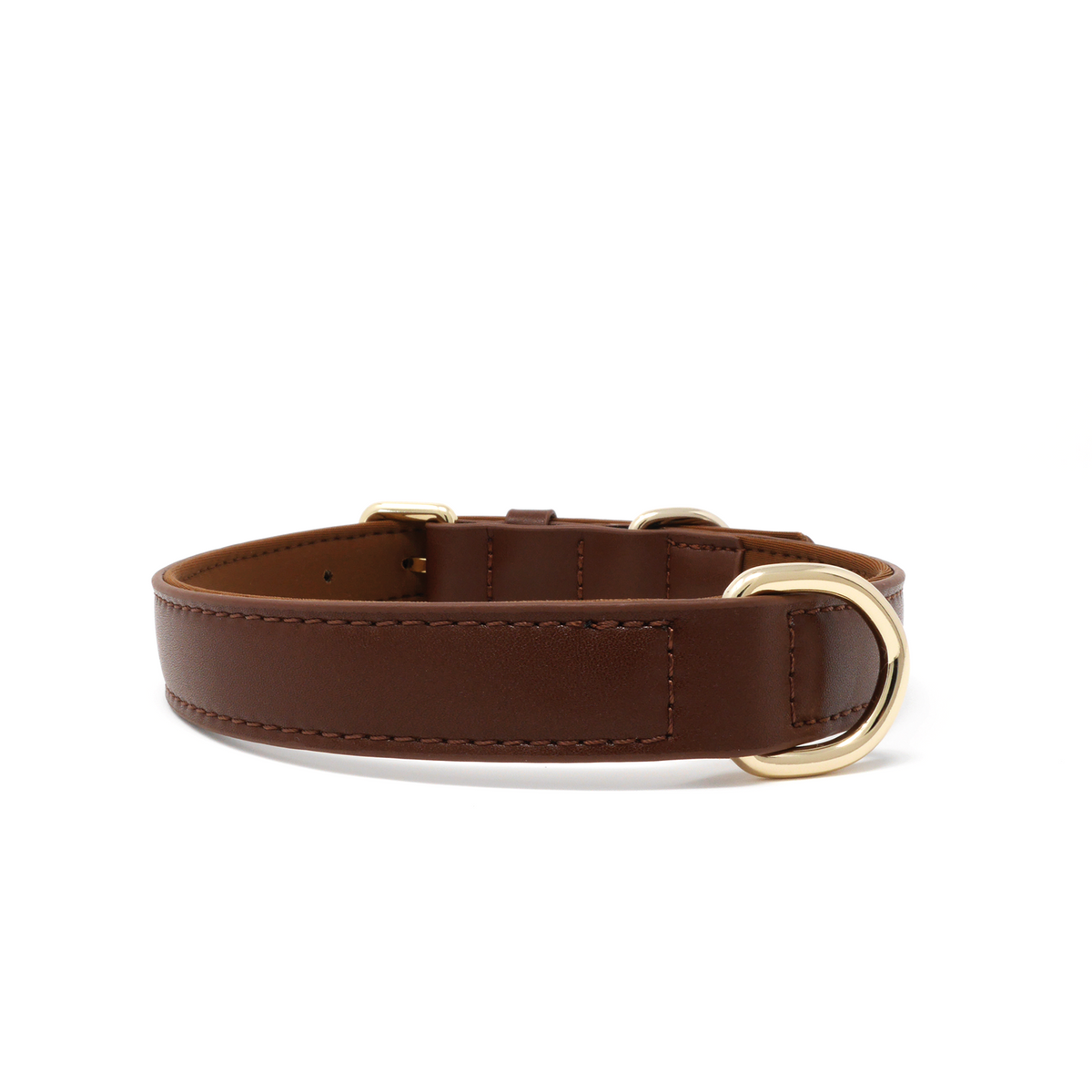 A Chocolate Brown vegan leather dog collar with gold-tone metal hardware, including a buckle, D-ring, and keeper, shown on a plain white background.