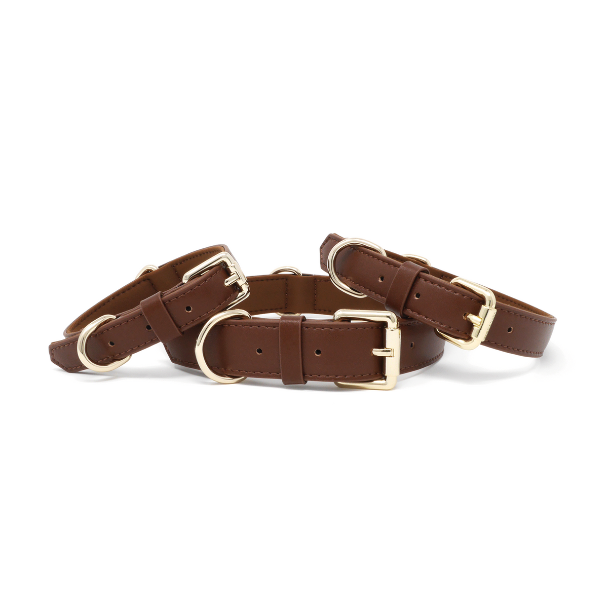 Chocolate Brown dog collars in multiple sizes with premium gold hardware and soft padded lining.