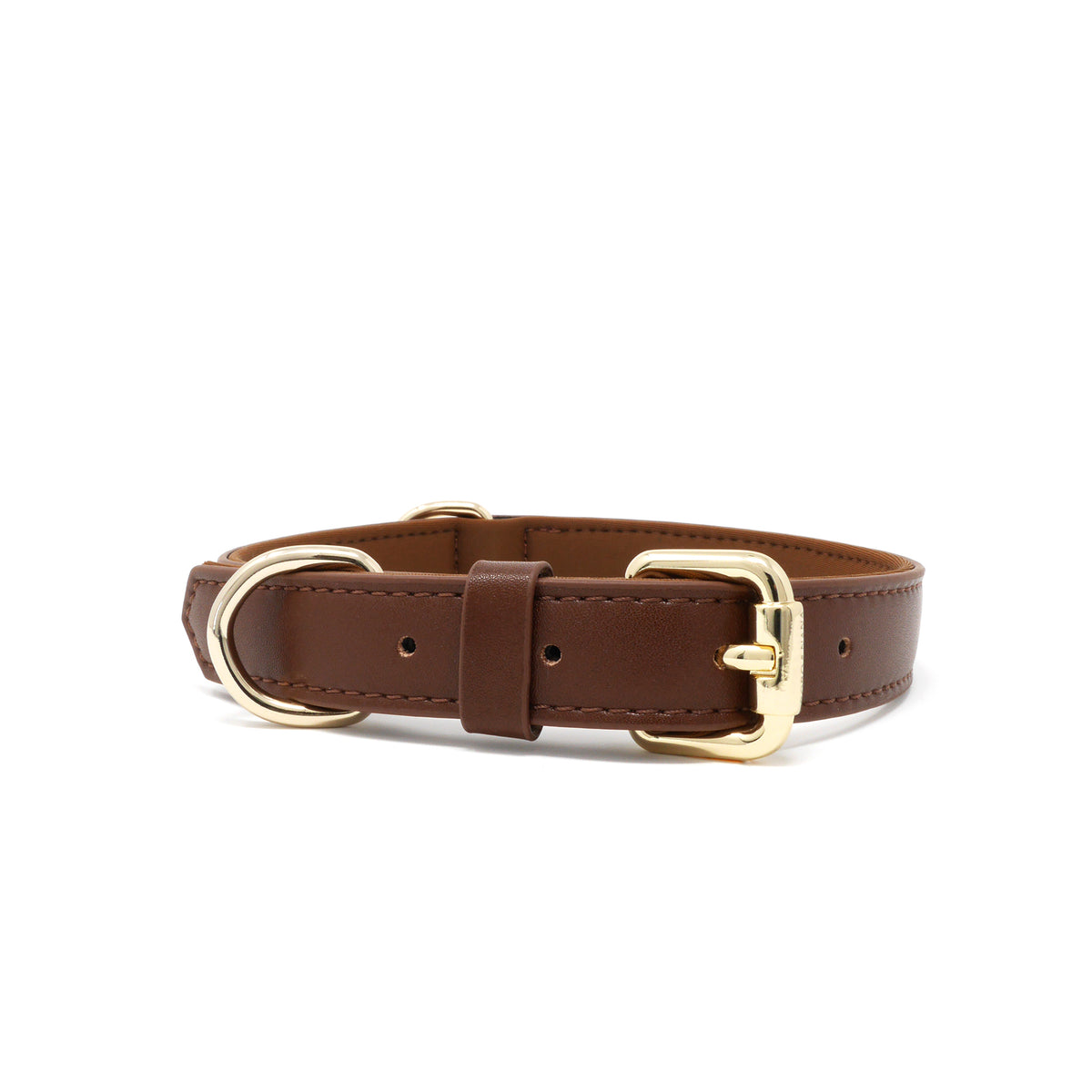 A Chocolate Brown vegan leather dog collar with gold-tone metal hardware, including a buckle, D-ring, and keeper, shown on a plain white background.