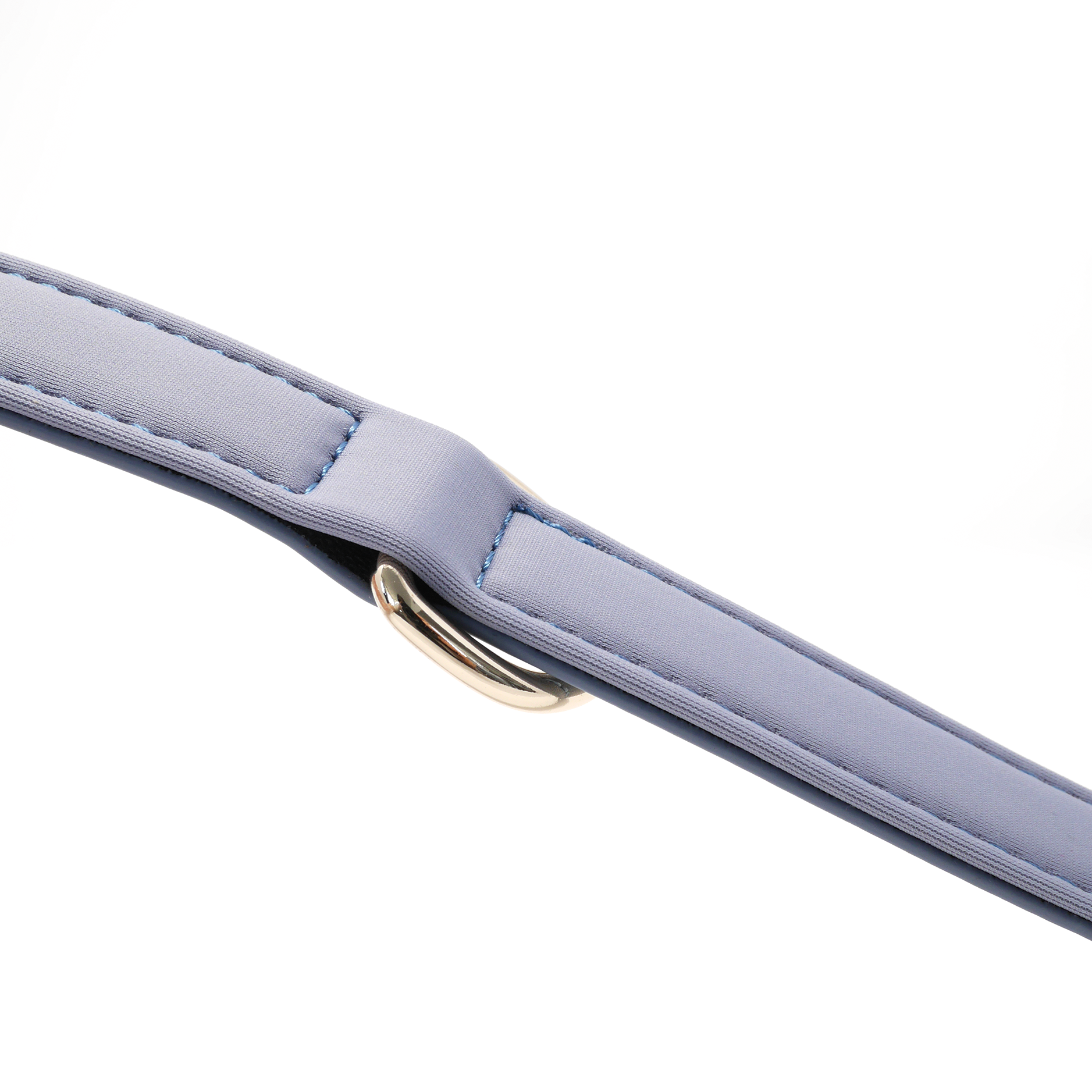 Close-up detail of the Stone Blue dog collar featuring soft foam padding and gold D-ring hardware.