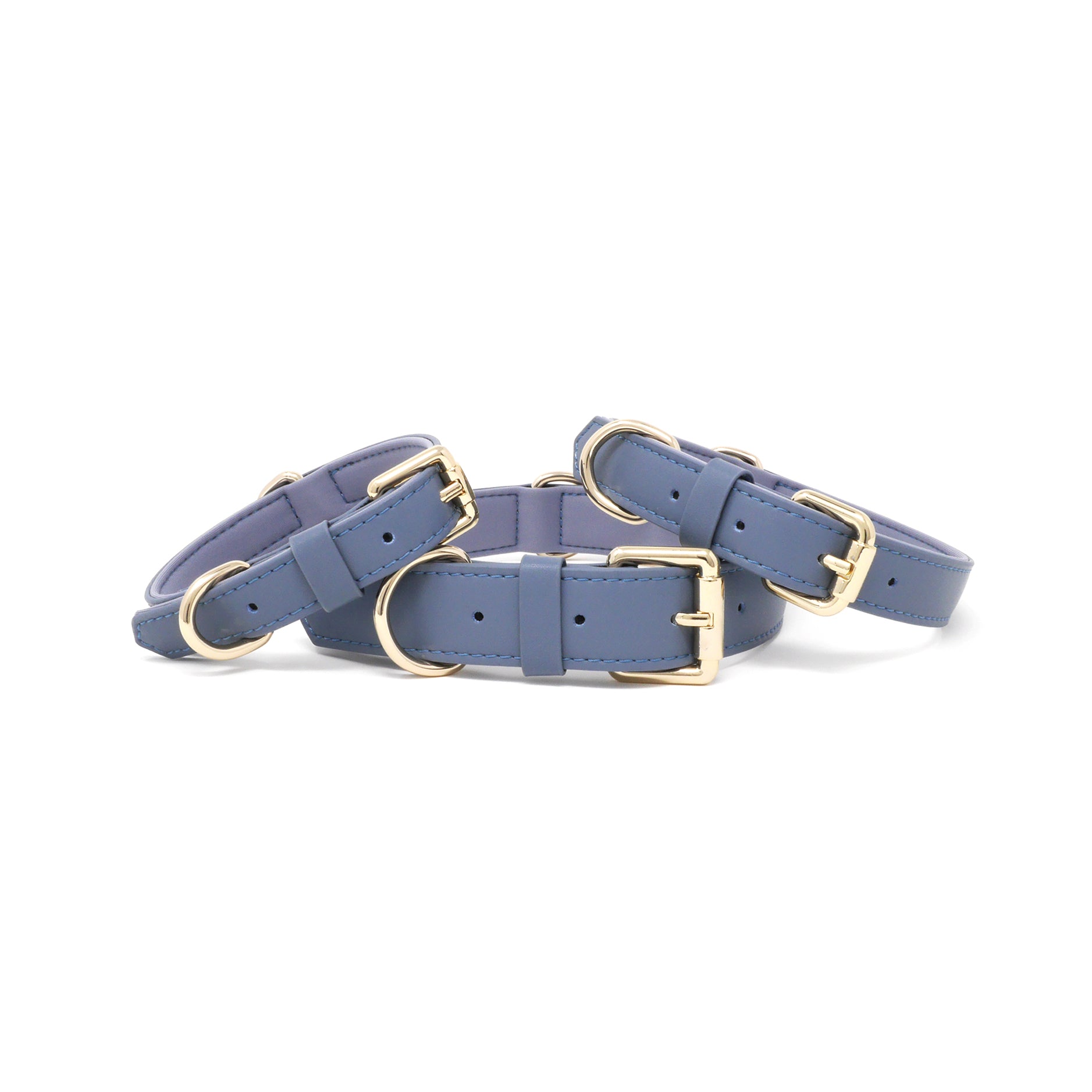 Stone Blue dog collars in multiple sizes with premium gold hardware and soft padded lining.