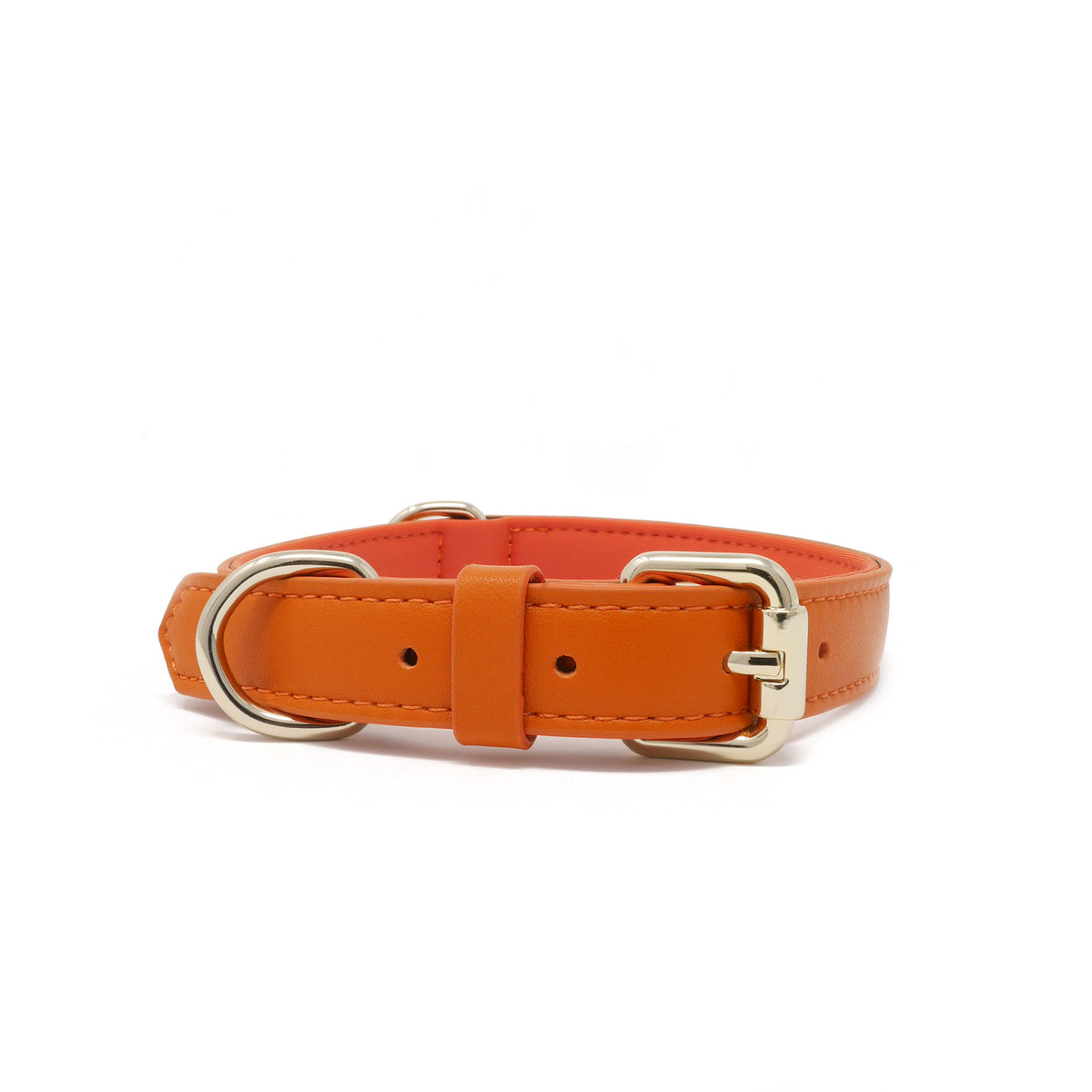 A Tangerine Orange vegan leather dog collar with silver-tone metal hardware, including a D-ring and buckle, shown against a plain white background.