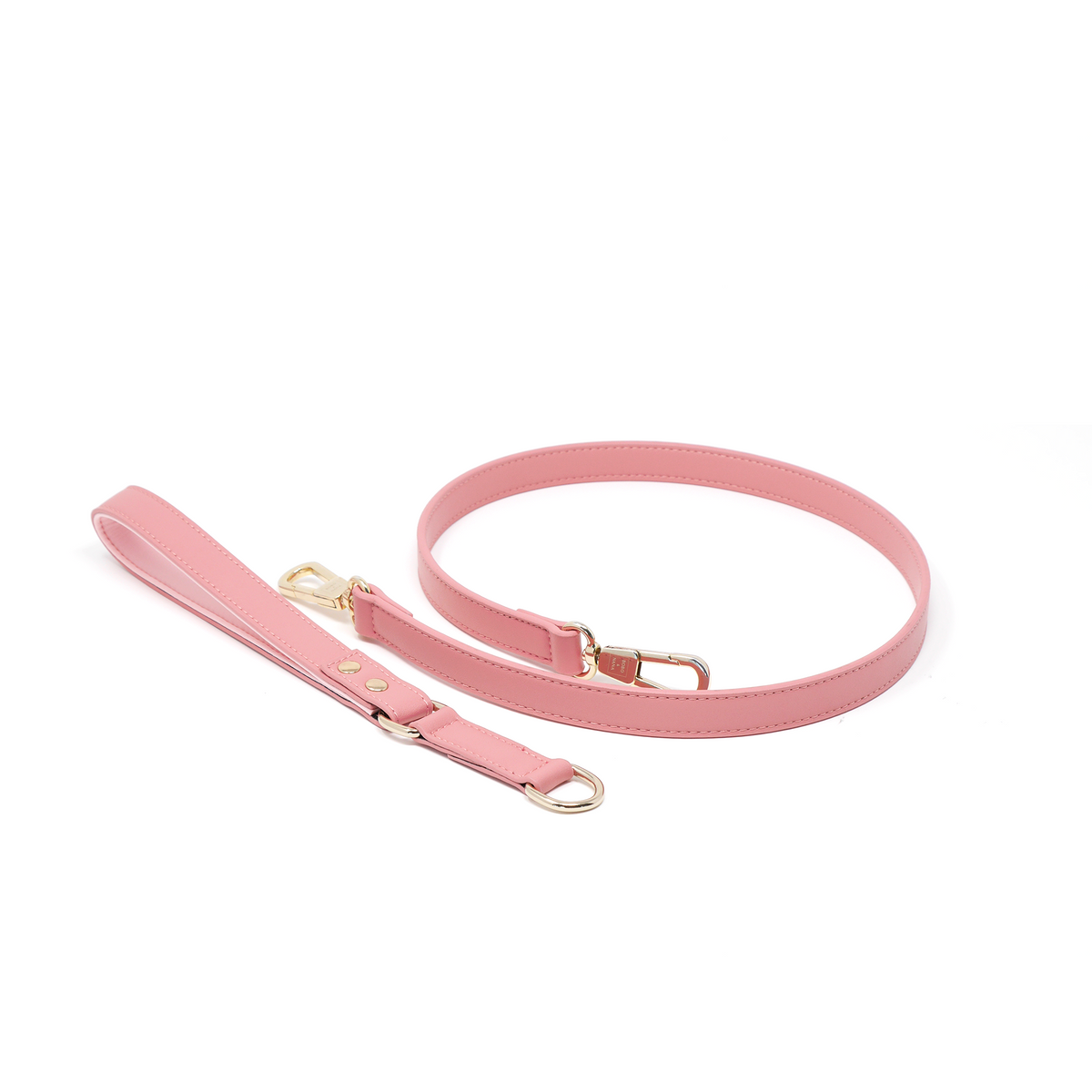 Baby Pink vegan leather dog leash with detachable padded handle and gold clasp