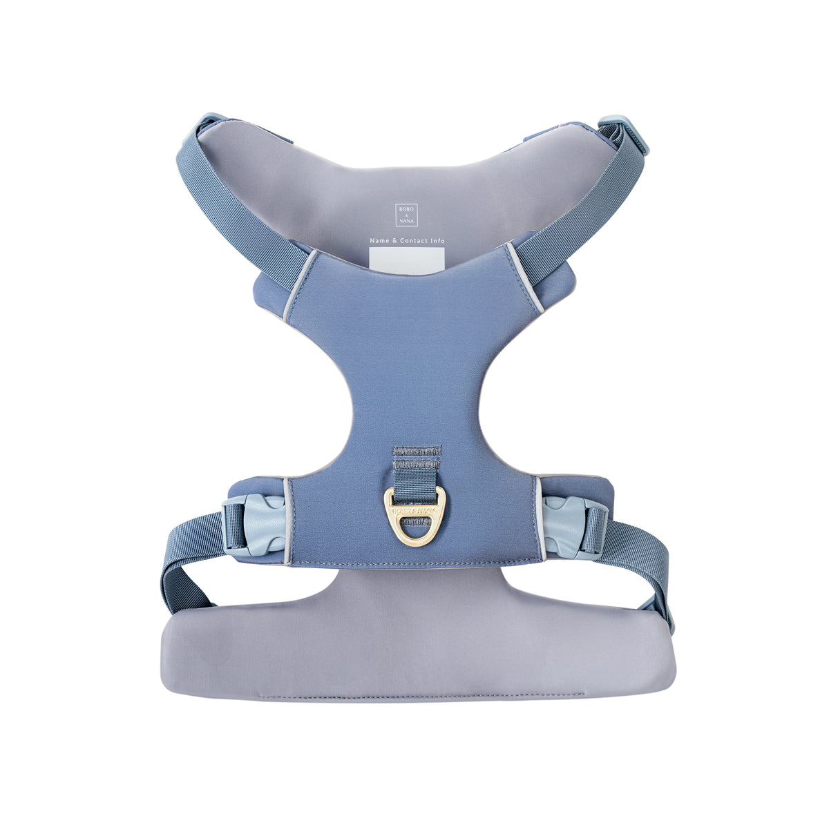 Stone Blue padded dog harness with four adjustment points and reflective trim