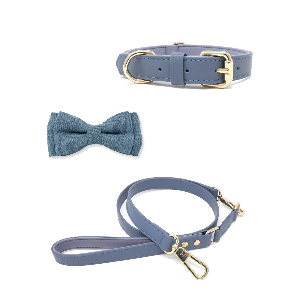 Stone Blue dog collar, leash and bow tie set – BOBO & NANA