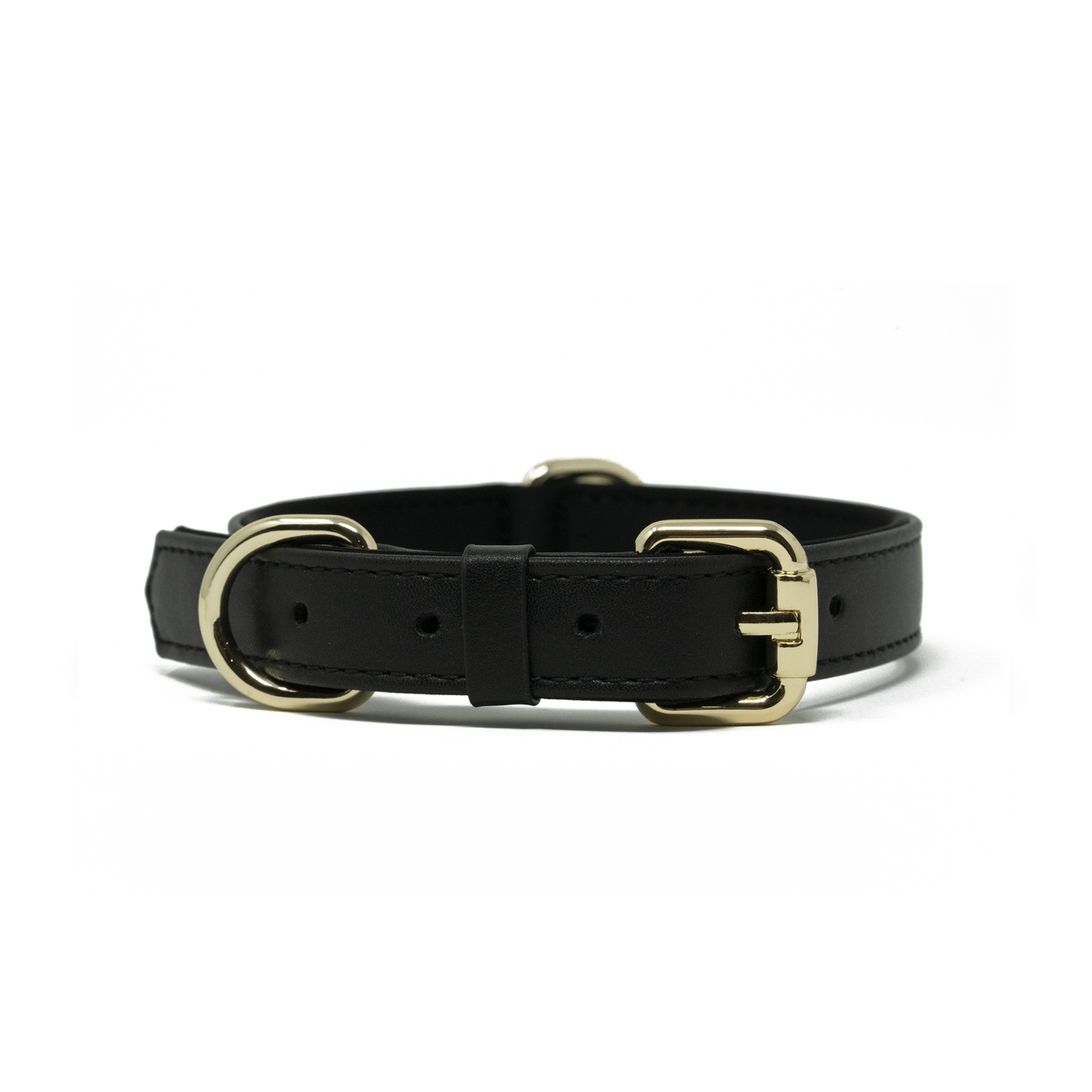 Onyx Black vegan leather dog collar with gold buckle and D-ring