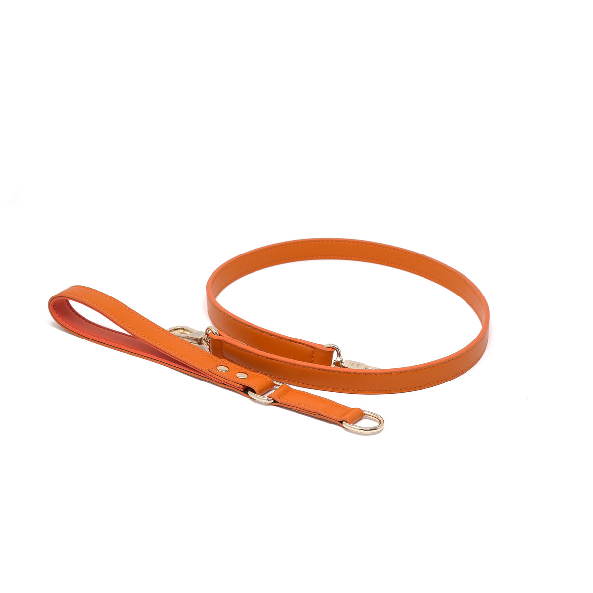 Tangerine Orange vegan leather dog leash with detachable padded handle and gold clasp