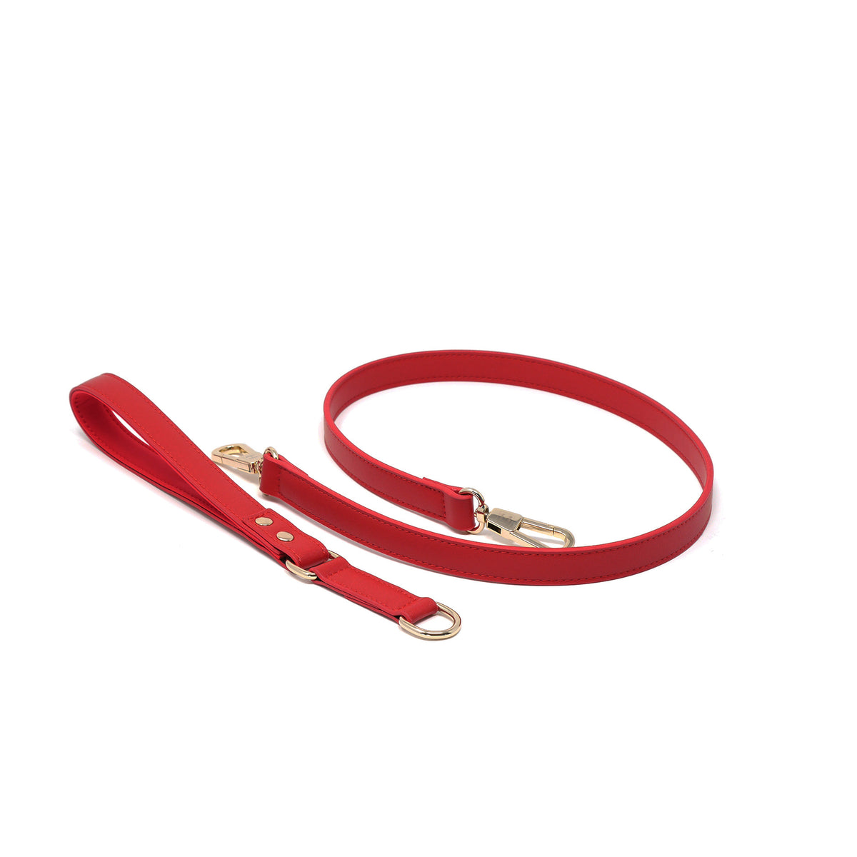 Flame Red vegan leather dog leash with detachable padded handle and gold clasp
