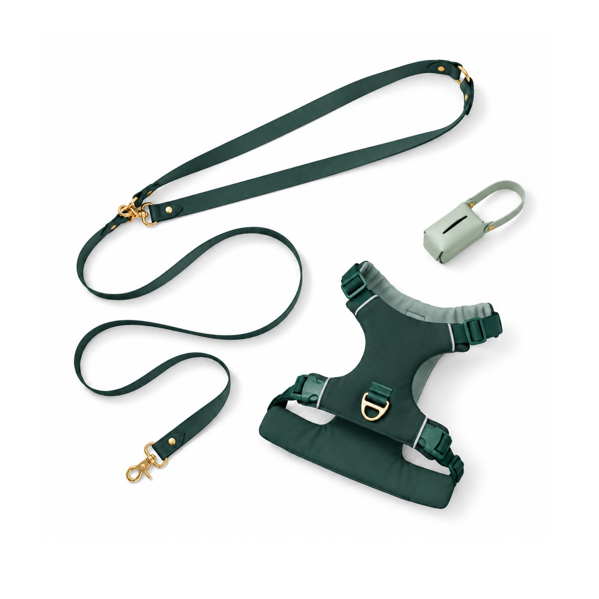 Forest Green dog harness and crossbody leash set by BOBO & NANA