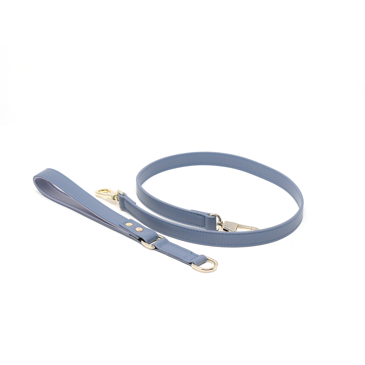 Stone Blue vegan leather dog leash with detachable padded handle and gold clasp
