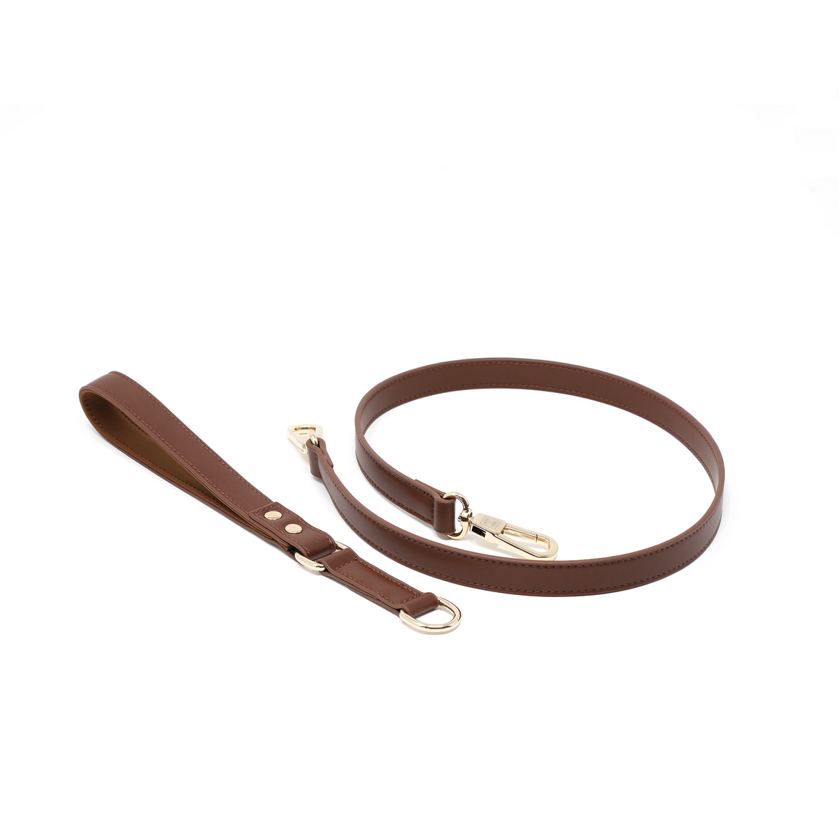 Chocolate Brown vegan leather dog leash with detachable padded handle and gold clasp
