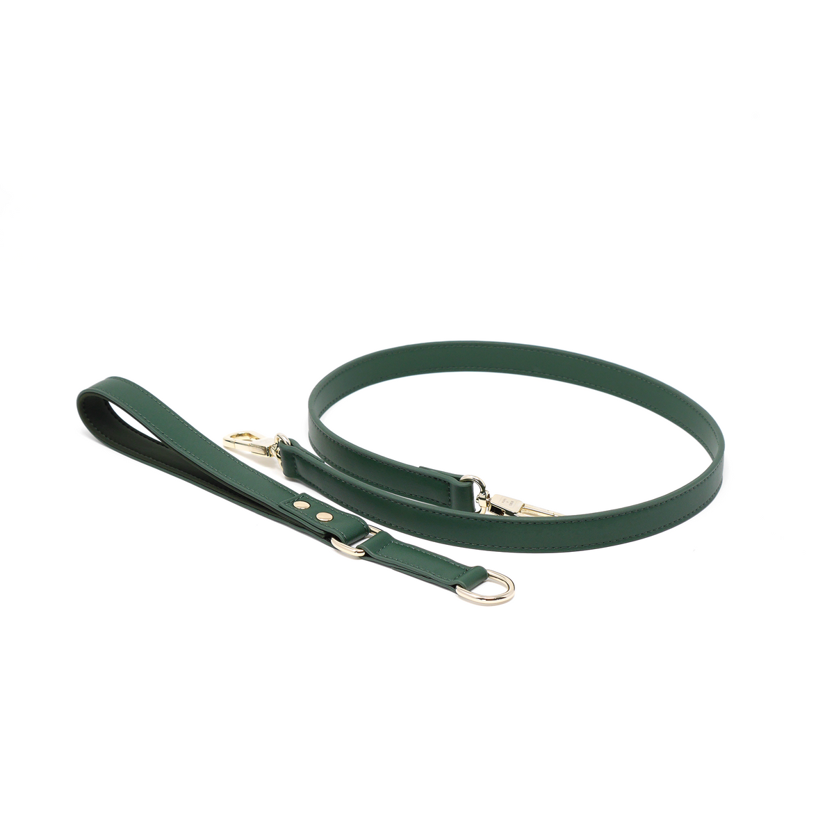 Forest Green vegan leather dog leash with detachable padded handle and gold clasp