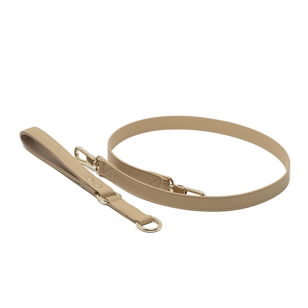 Cream Beige vegan leather dog leash with detachable padded handle and gold clasp