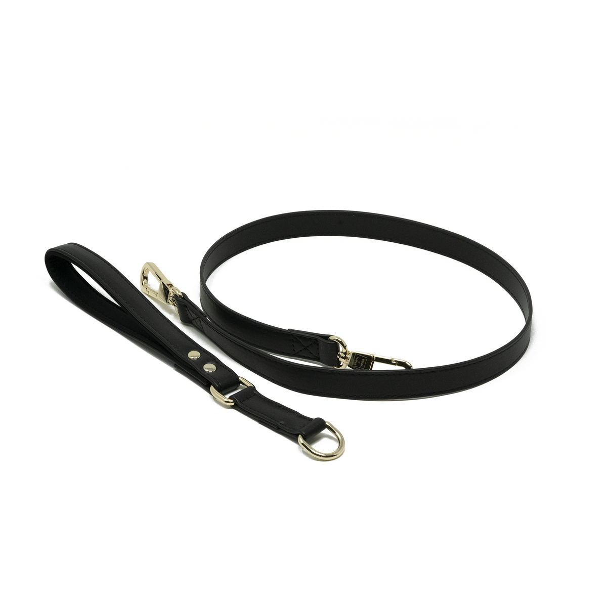 Onyx Black vegan leather dog leash with detachable padded handle and gold clasp