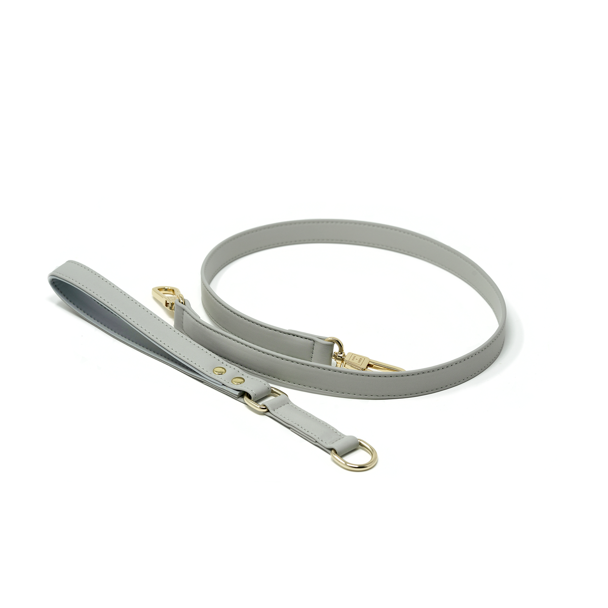 Pearl Gray vegan leather dog leash with detachable padded handle and gold clasp