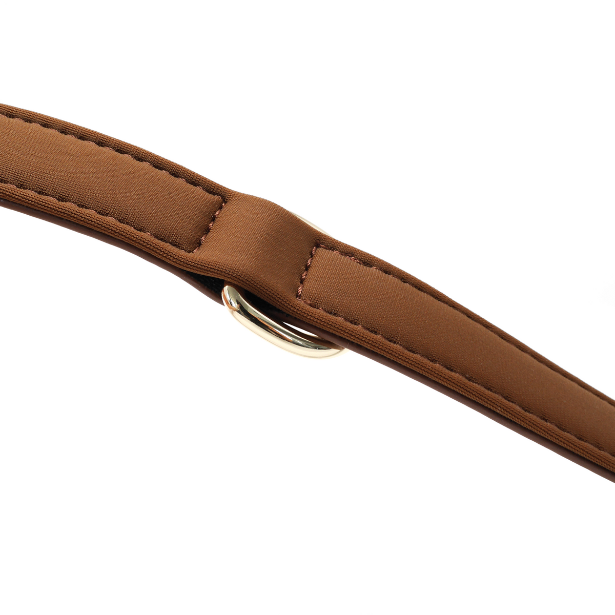 Close-up detail of the Chocolate Brown dog collar featuring soft foam padding and gold D-ring hardware.