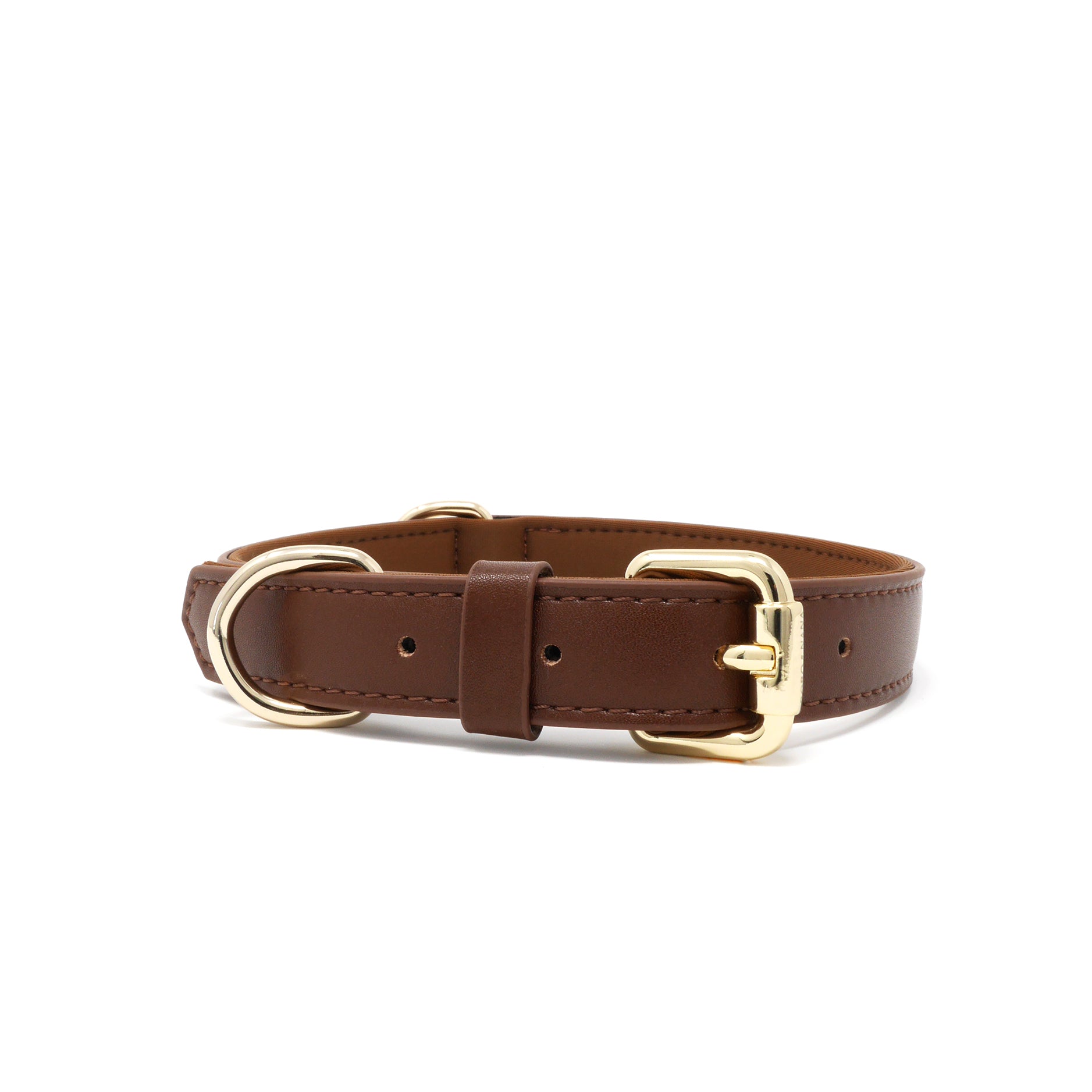 A Chocolate Brown vegan leather dog collar with gold-tone metal hardware, including a buckle, D-ring, and keeper, shown on a plain white background.