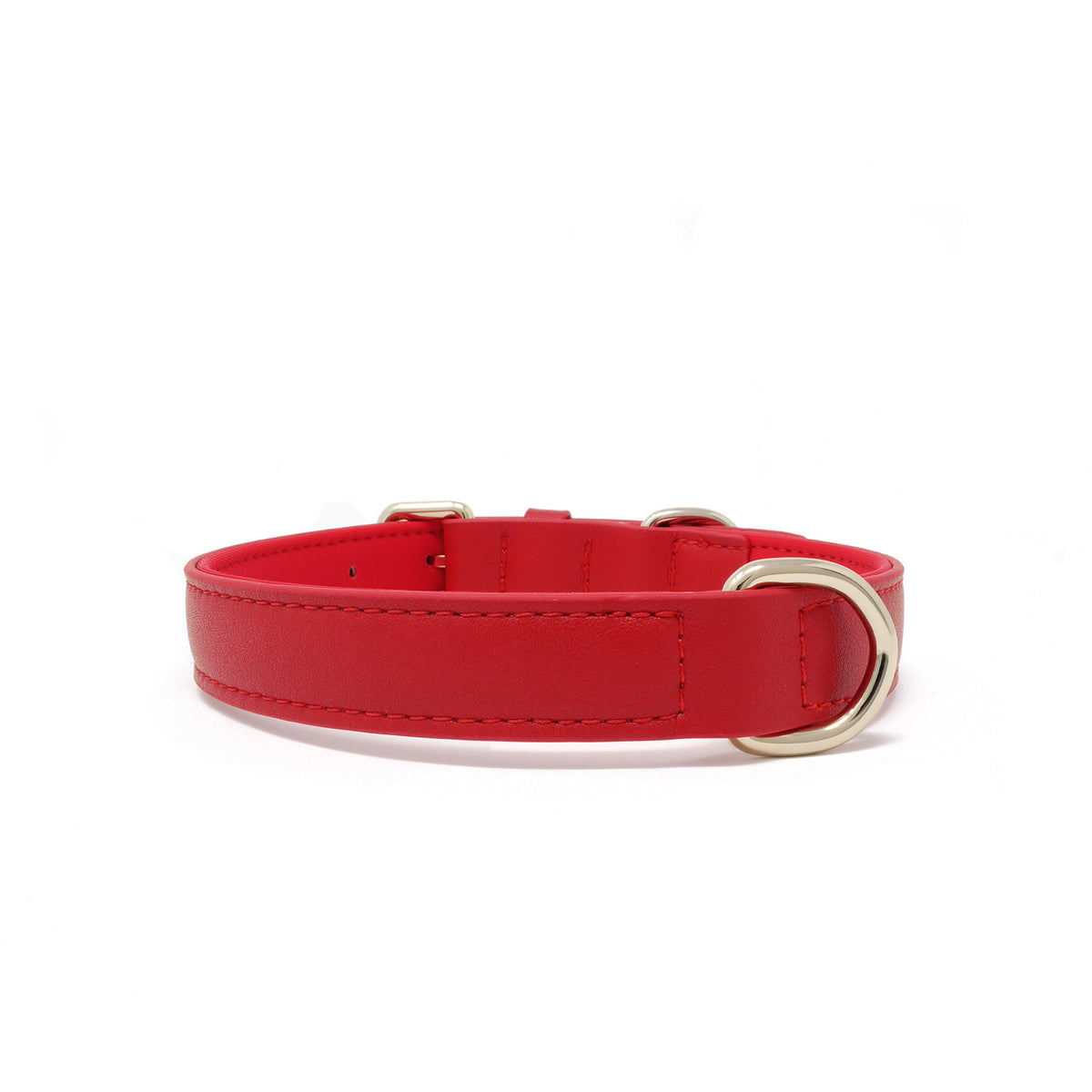 A Flame Red vegan leather dog collar with silver-tone metal hardware, including a D-ring and buckle, shown against a plain white background.