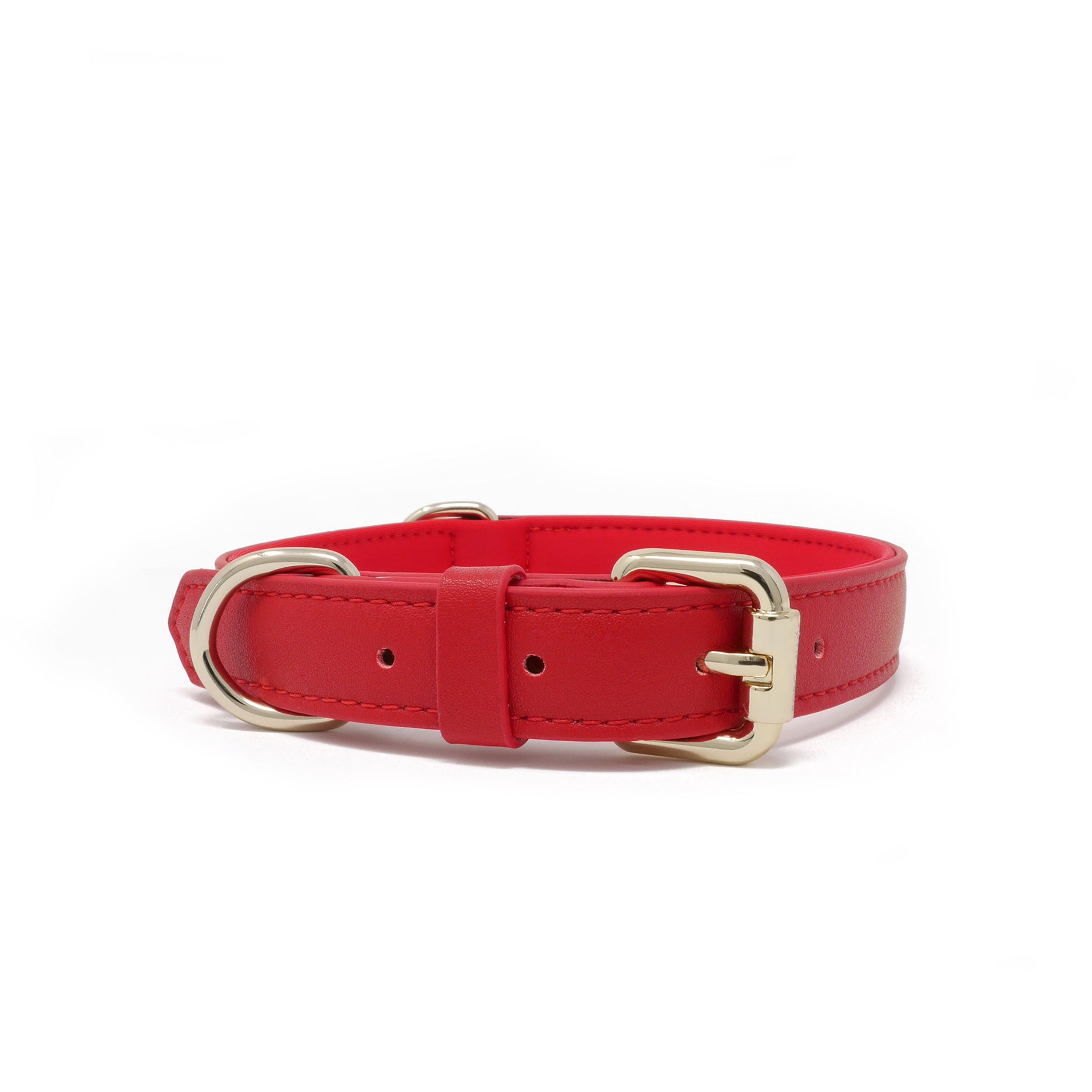 A Flame Red vegan leather dog collar with silver-tone metal hardware, including a D-ring and buckle, shown against a plain white background.