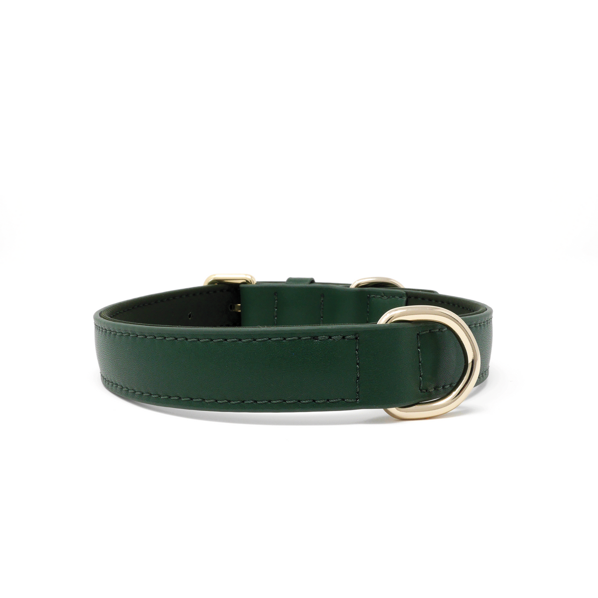 Forest Green vegan leather dog collar with gold-tone metal hardware, including a buckle, D-ring, and keeper, shown on a plain white background.
