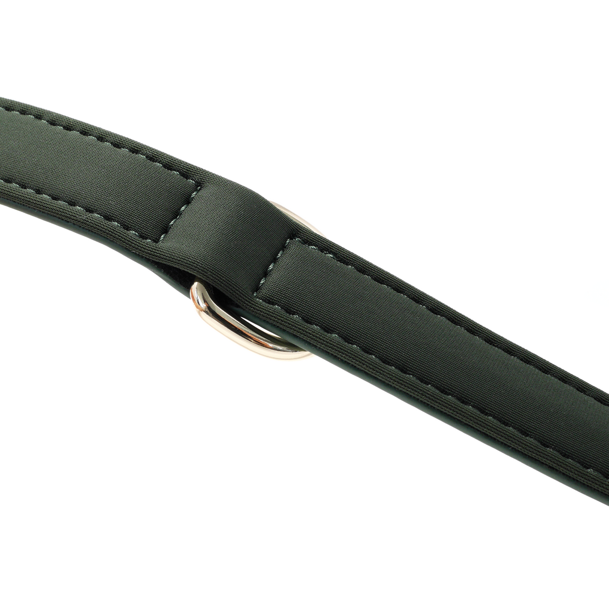 Close-up detail of the Forest Green dog collar featuring soft foam padding and gold D-ring hardware.