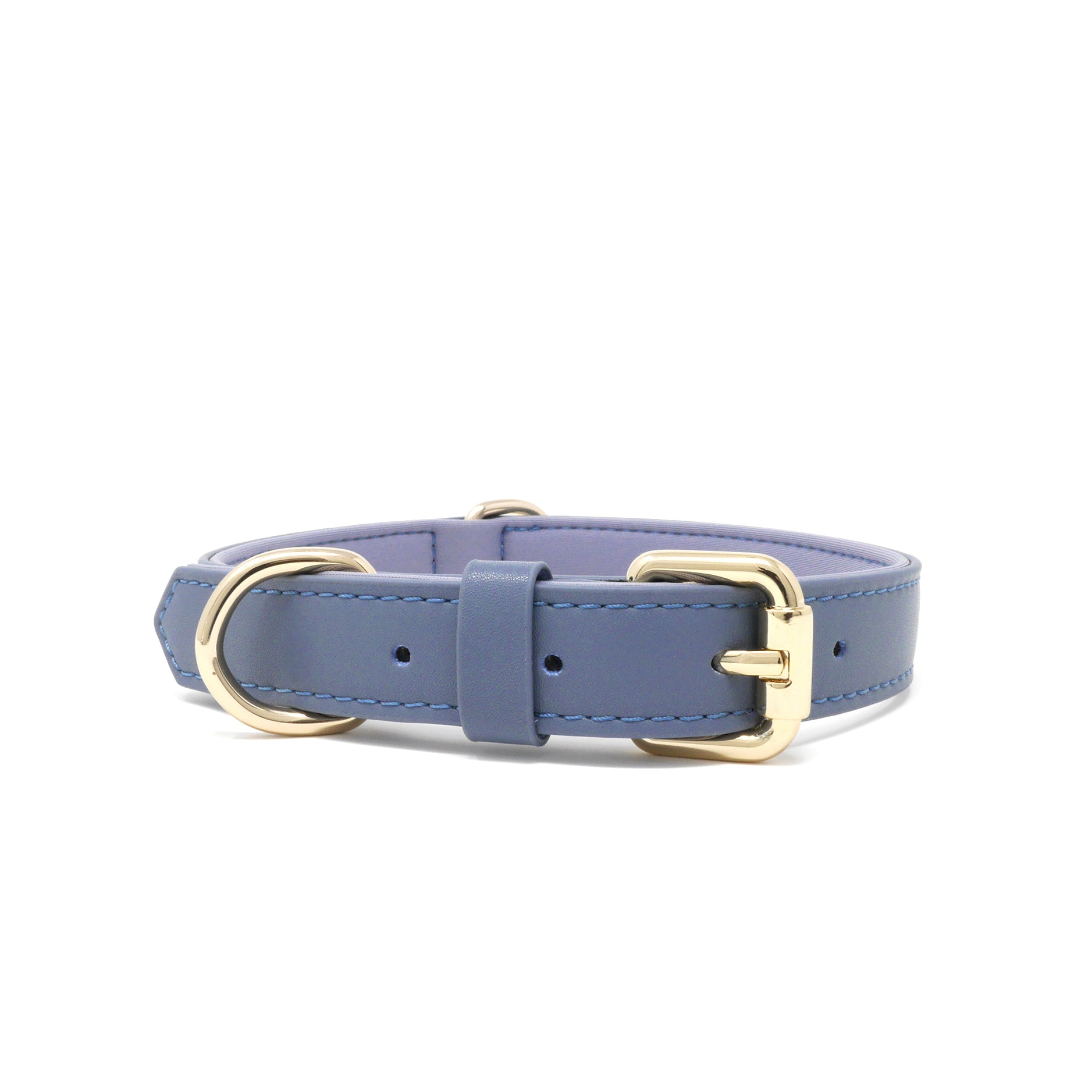 Stone Blue vegan leather dog collar with gold-tone metal hardware, including a buckle and D-ring, shown against a plain white background.
