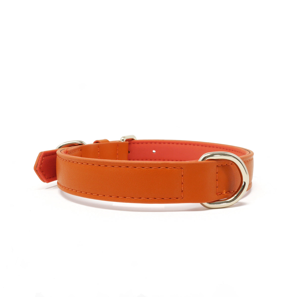 A Tangerine Orange vegan leather dog collar with silver-tone metal hardware, including a D-ring and buckle, shown against a plain white background.